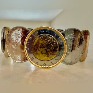 Miler 14k Yellow Gold Bezel Sterling Silver Lire Coin Bracelet Gold and Silver